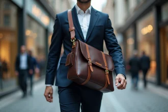 Homme actif en veste marine portant une grande sacoche en cuir pour ordinateur portable dans une rue urbaine animée