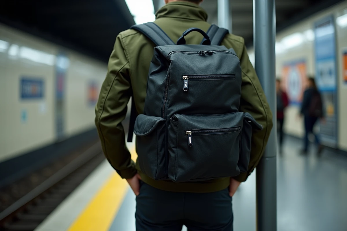 Homme en veste utilitaire portant une grande sacoche ordinateur portable noire en toile dans une station de métro parisienne