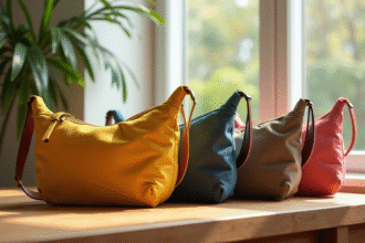 Sacs banane colorés en tissus variés sur une table en bois