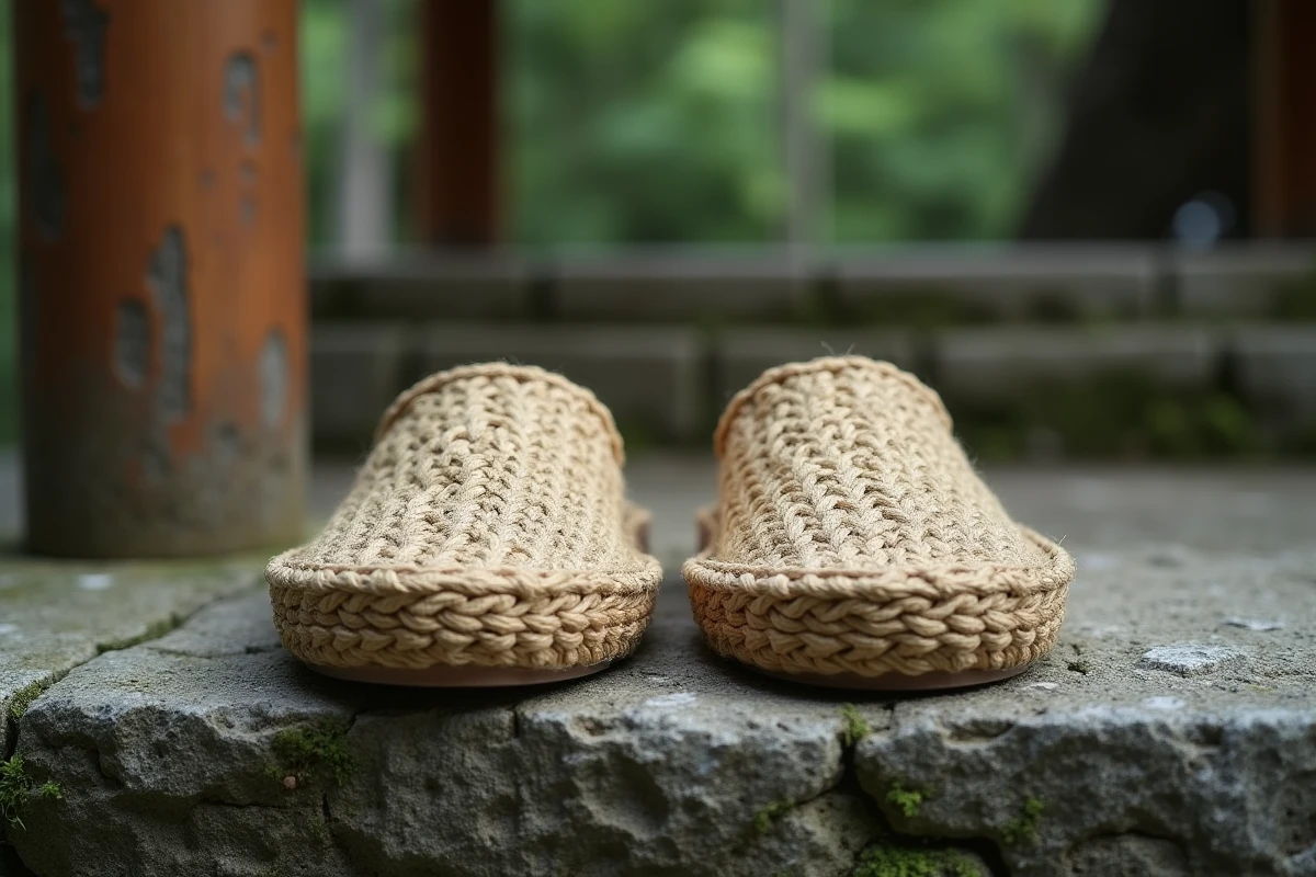 Détail de sandales waraji japonaises en paille de riz tressée posées sur une marche de temple en pierre ancienne recouverte de mousse avec pilier en bois en arrière-plan