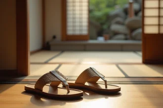 Paire de sandales zori japonaises traditionnelles en jonc tressé avec semelles laquées et lanières blanches posées sur un plancher en bois d'entrée de maison japonaise