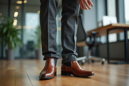 Homme en santiags marron et pantalon de costume gris dans un bureau moderne et élégant