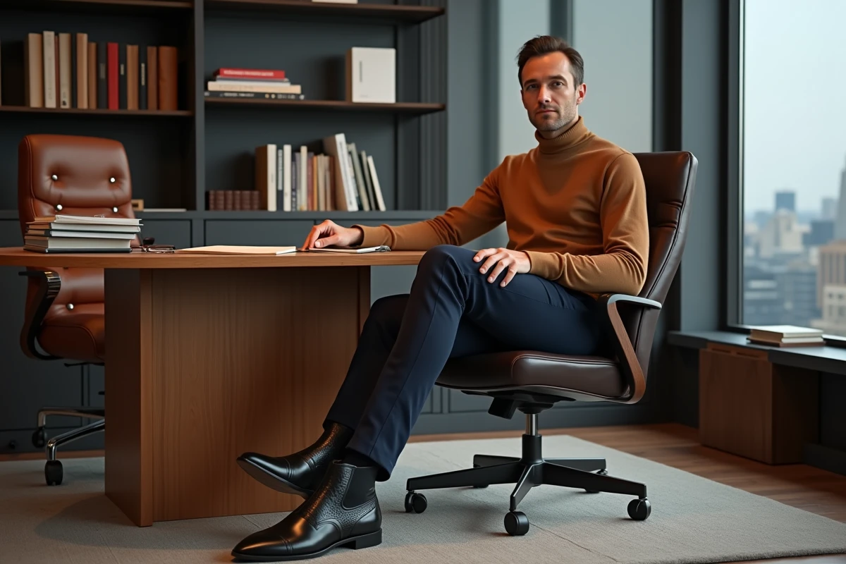 Homme assis à son bureau portant des santiags noires avec un costume marine, vue d'ensemble bureau feutré