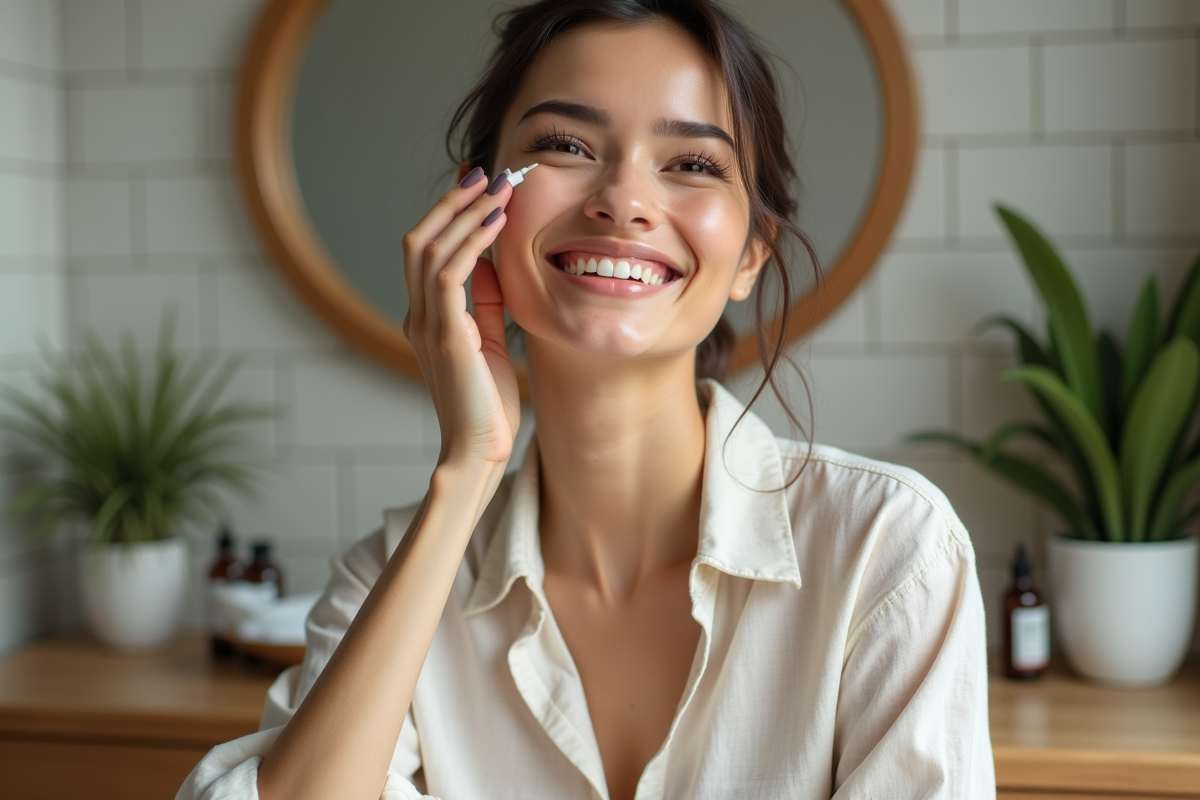 Femme appliquant un serum visage naturel et sereine