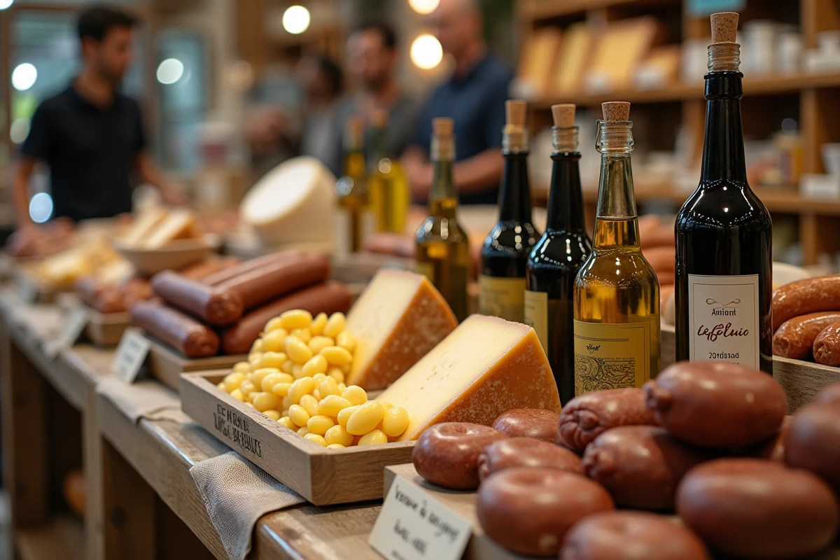 Présentoir de spécialités régionales espagnoles avec fromages, charcuteries et huiles d'olive chez Dancharia