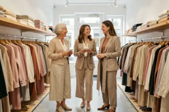 Trois femmes de générations différentes partageant un moment complice dans une boutique de mode EllyBeth à Paris