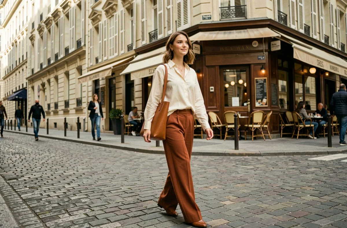Jeune femme moderne en tenue EllyBeth crème et rouille marchant dans une rue pavée parisienne
