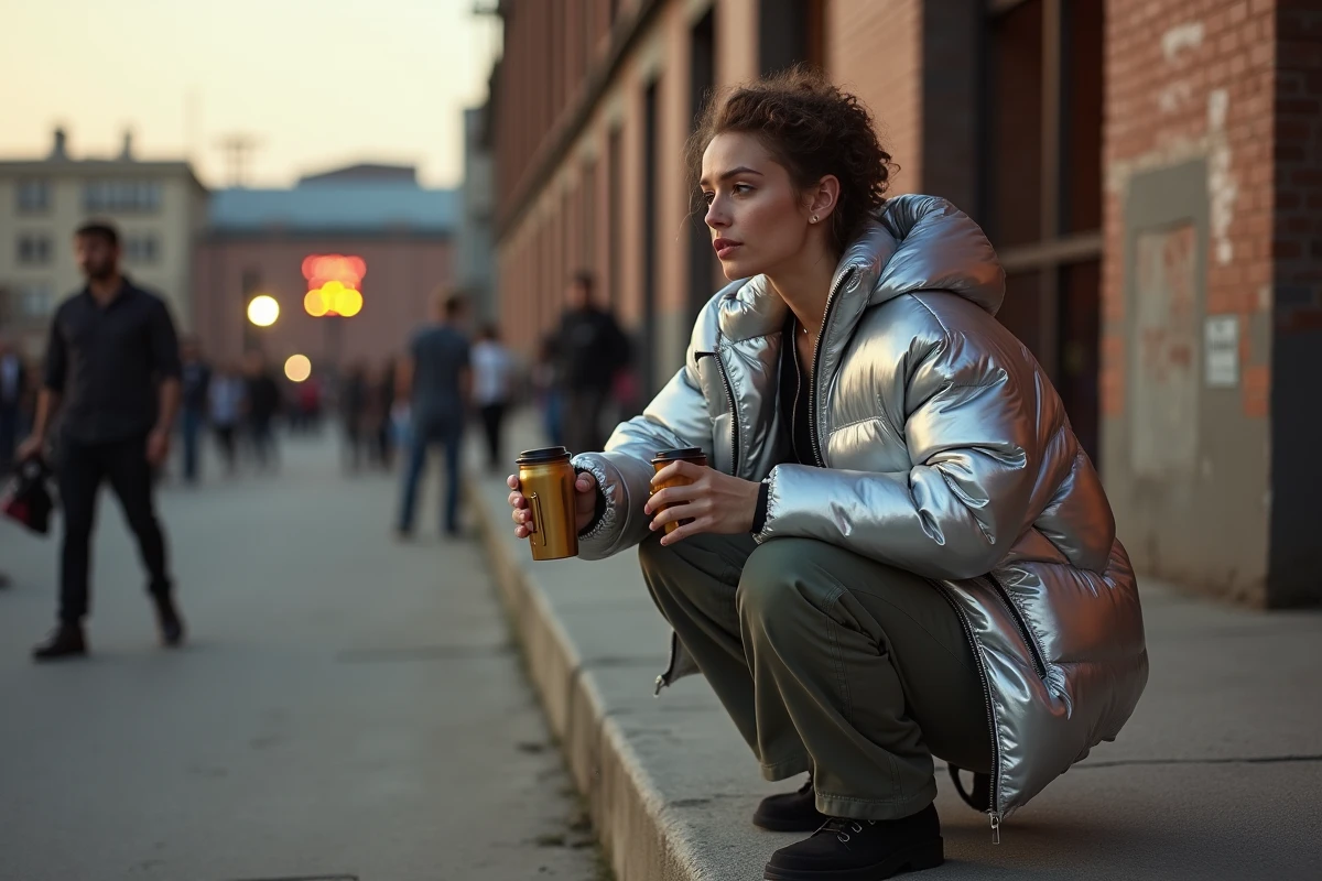 Femme en veste puffer métallique argentée lors d'un after festival au lever du jour, style techno pouffe décontracté et urbain