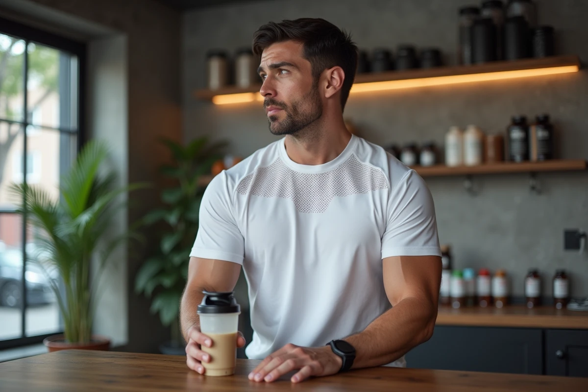 Homme en t-shirt crossfit blanc léger se réhydratant dans un café sportif moderne après l'entraînement