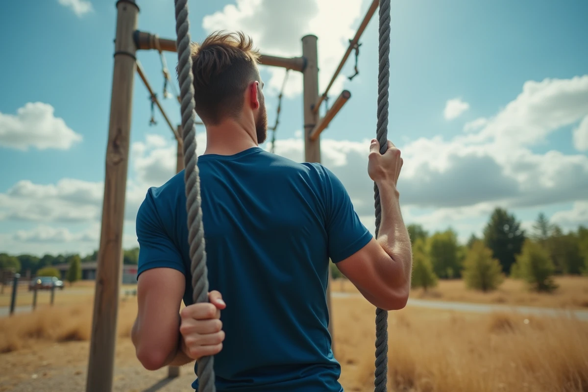 Homme musclé en t-shirt crossfit bleu marine respirant lors d'un entraînement outdoor en été