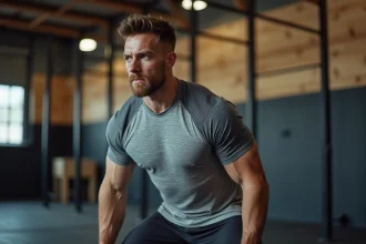 Homme athlétique portant un t-shirt crossfit léger gris chiné lors d'un entraînement fonctionnel en salle