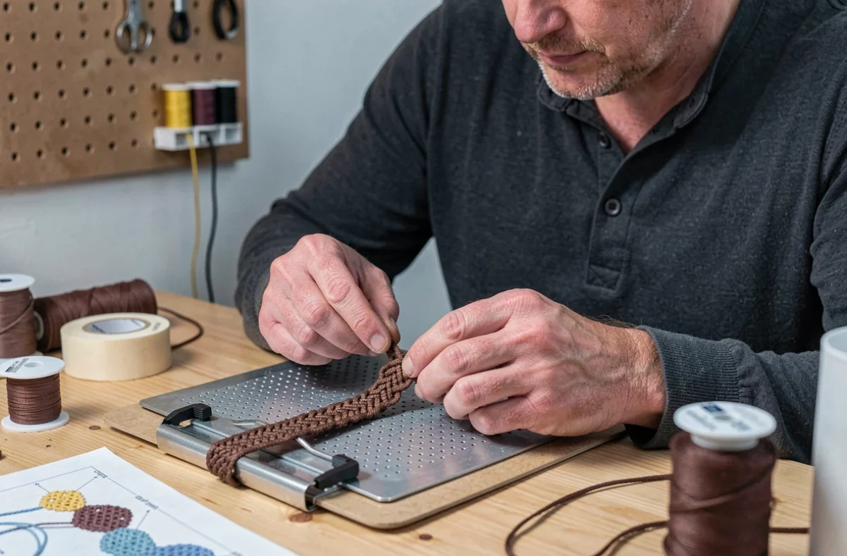 Homme réalisant un nœud carré sur une cordelette pour confectionner un bracelet artisanal maison