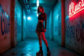 Femme en tenue techno pouffe devant l'entrée d'une boîte de nuit, style soirée clubbing avec jupe vinyle noire et boots plateforme