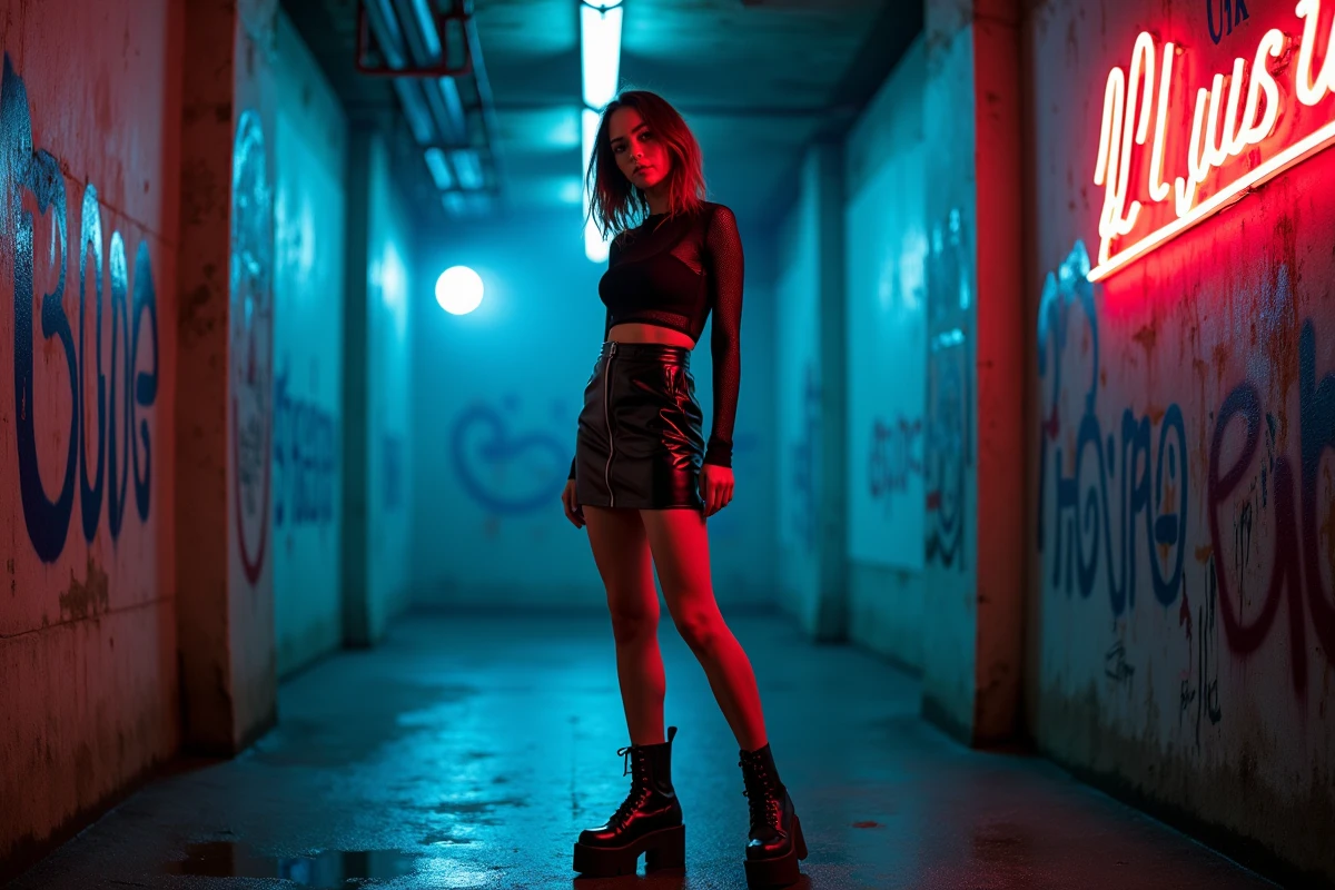 Femme en tenue techno pouffe devant l'entrée d'une boîte de nuit, style soirée clubbing avec jupe vinyle noire et boots plateforme