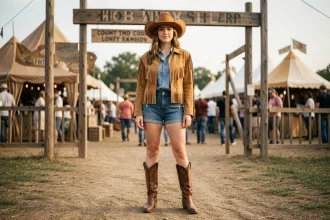 Jeune femme en tenue western festival avec chapeau cowboy caramel, veste à franges et bottes en cuir brun à l'entrée d'un festival country