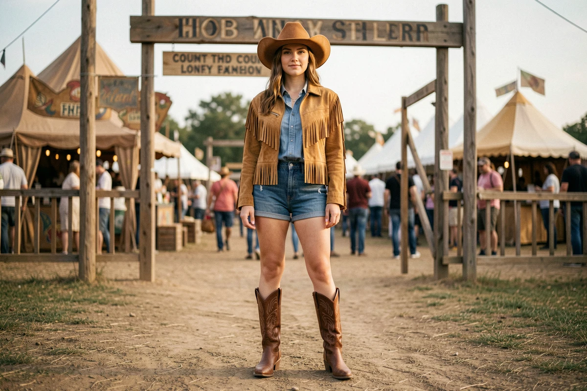 Jeune femme en tenue western festival avec chapeau cowboy caramel, veste à franges et bottes en cuir brun à l'entrée d'un festival country