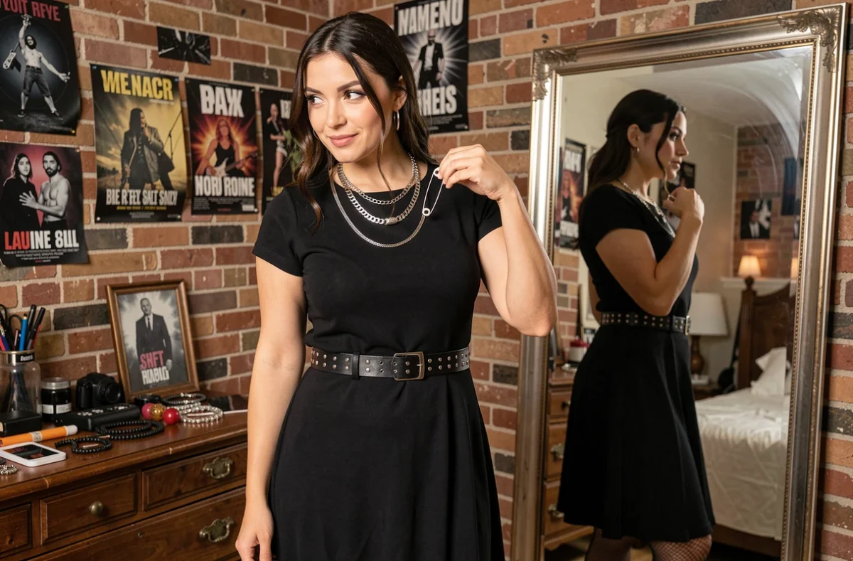 Femme transformant une robe noire simple en tenue rock avec ceinture cloutée et chaînes argentées devant un miroir vintage