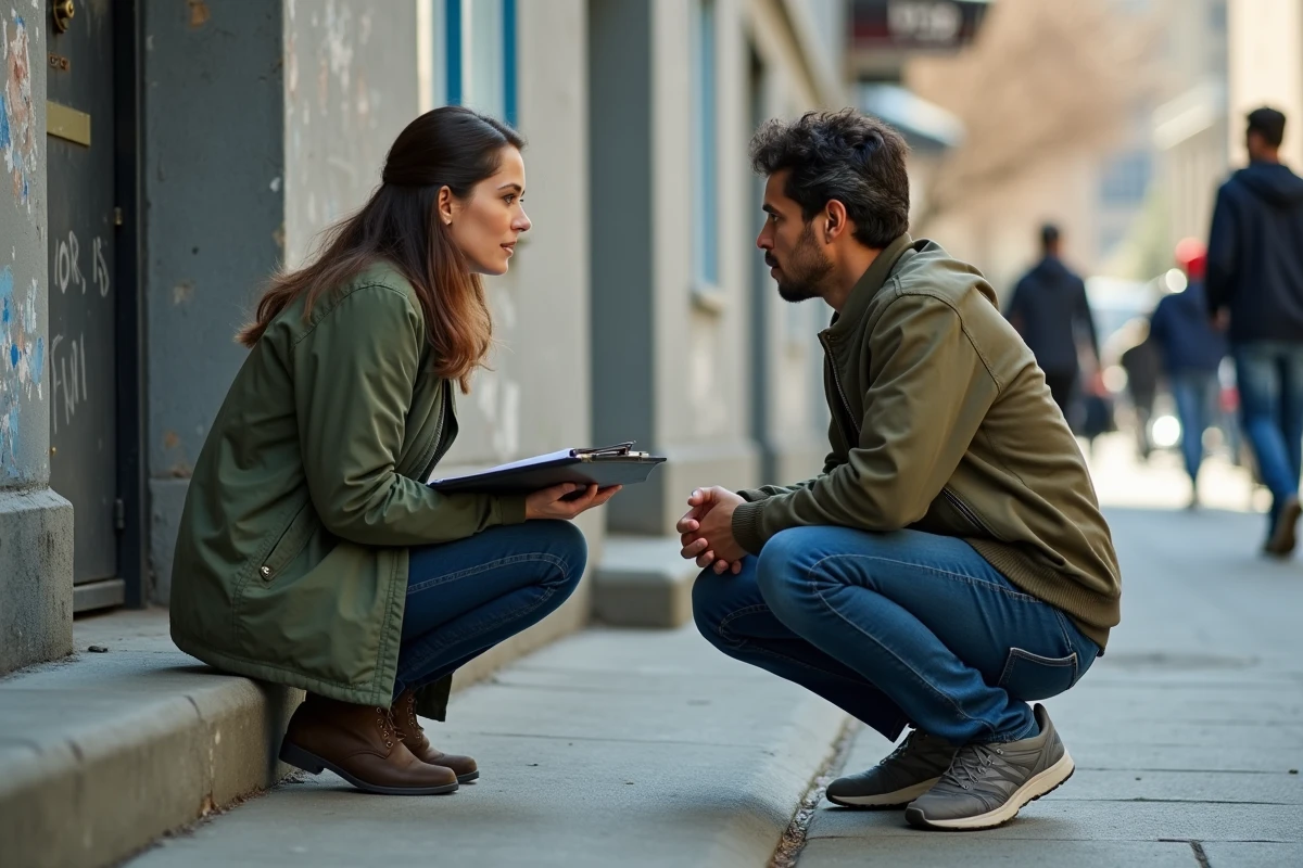 Travailleuse sociale en discussion avec une personne en situation de rue devant un centre d'hébergement, symbolisant l'aide aux personnes vulnérables