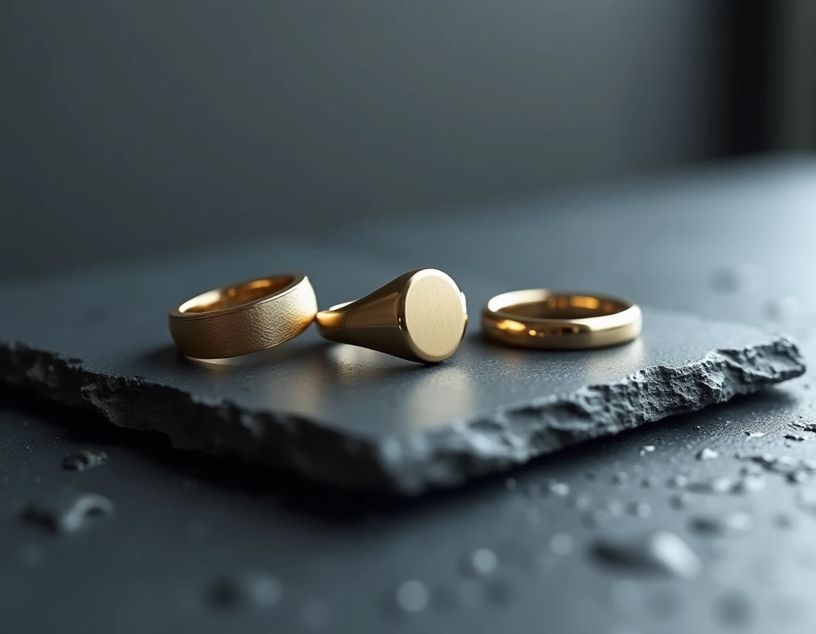 Trio de chevalières en or blanc pour homme disposées sur une surface en ardoise dans un studio de joaillerie minimaliste