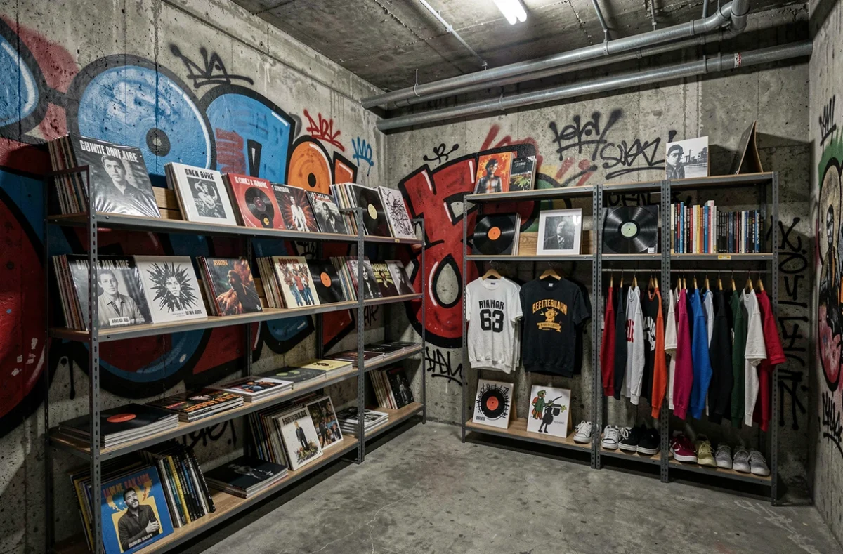 Espace underground d'Und'ARTground à Marseille avec des fresques urbaines colorées sur les murs en béton brut et des éditions limitées en vente sur des étagères industrielles.