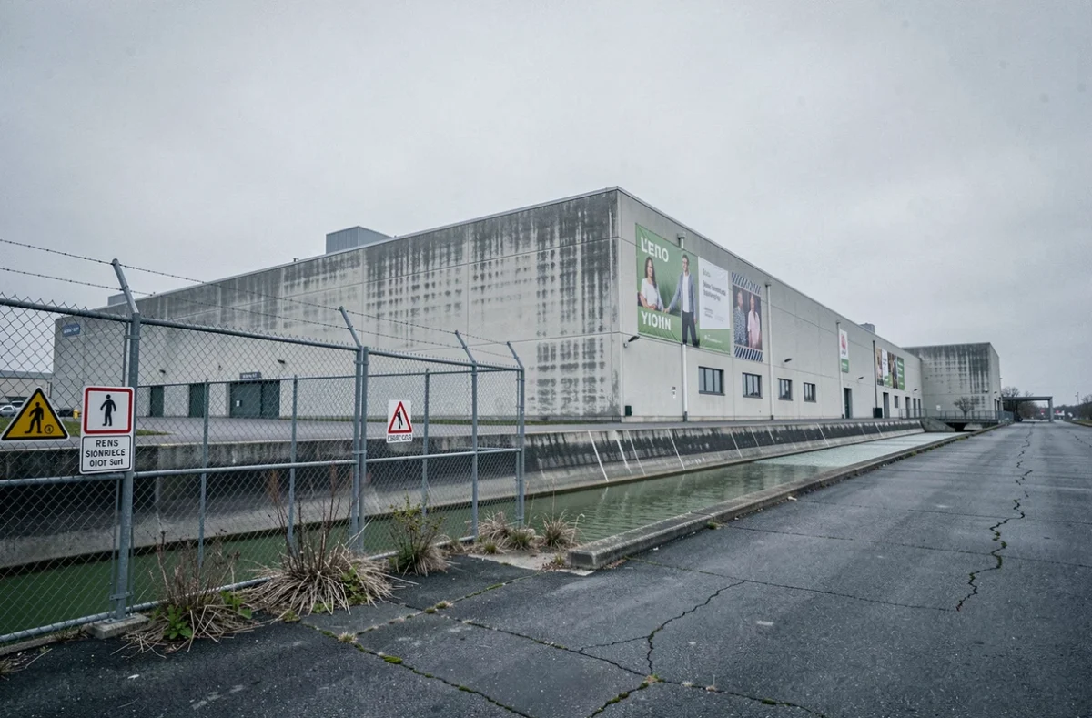 Vue extérieure d'une grande usine textile industrielle avec eaux usées verdâtres et végétation clairsemée sur asphalte fissuré