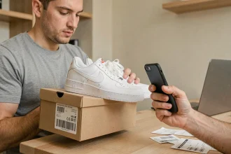 Homme scannant le code UPC d'une boîte de Nike avec son smartphone pour vérifier l'authenticité des sneakers