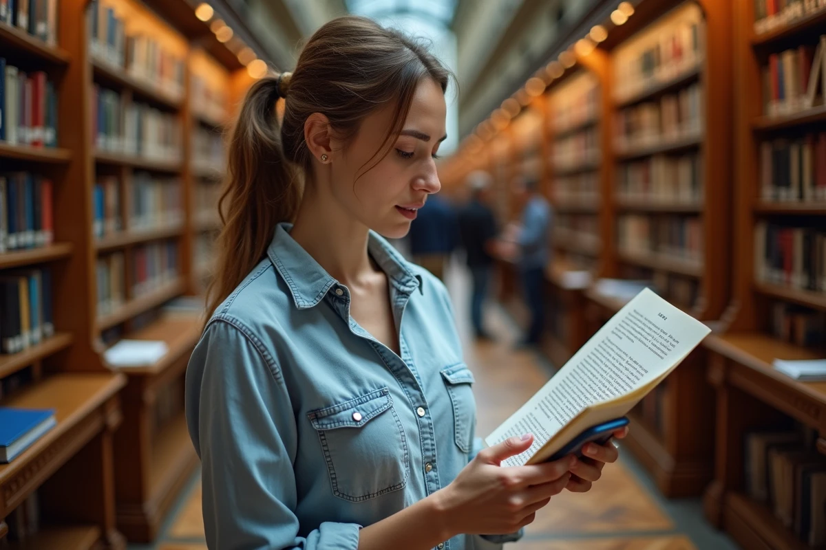 Jeune femme vérifiant la fiabilité d'un article de presse dans une bibliothèque municipale française