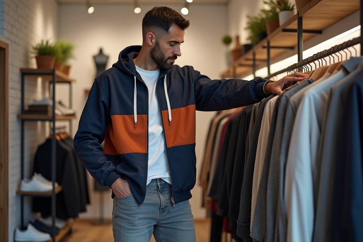 Homme portant une veste streetwear color-block associée à un jean gris dans une boutique de mode masculine contemporaine