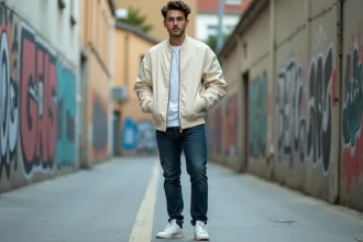 Homme en veste bomber streetwear crème associée à un jean slim indigo et des sneakers blanches dans un cadre urbain