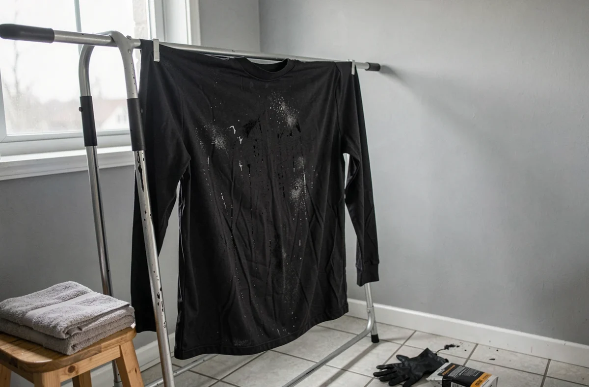 Vêtement teint en noir séchant sur un portant après teinture pour masquer les taches de Javel