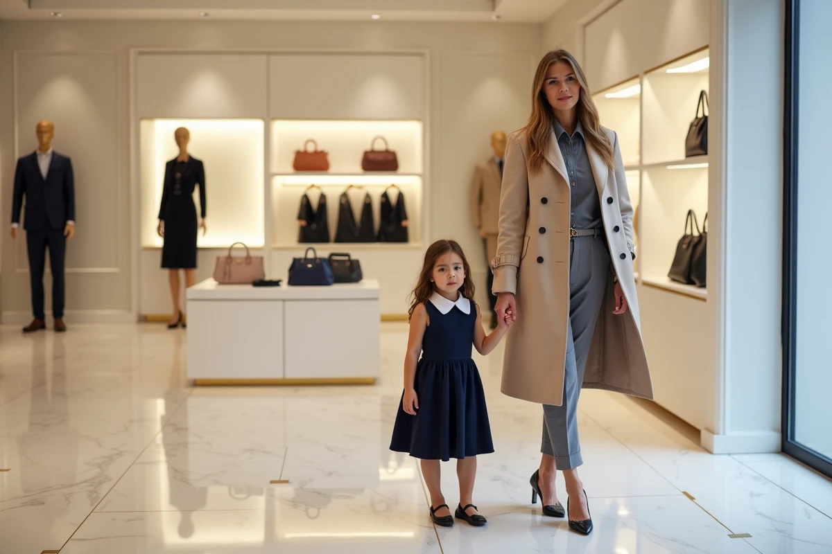 Mère et jeune fille dans une boutique de luxe sur l'Avenue Montaigne à Paris, sol en marbre et sacs de créateurs en arrière-plan